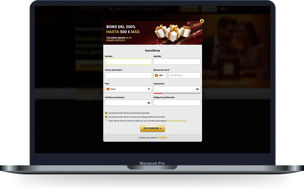 Unique Casino formulario de registro con bono de bienvenida del 200% hasta 500 €
