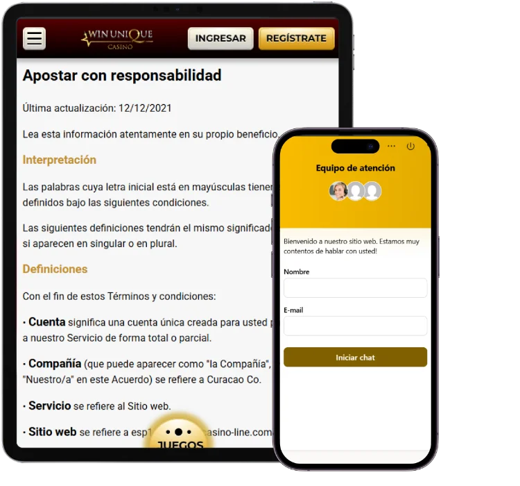 Unique Casino página de juego responsable con información y chat de atención al cliente