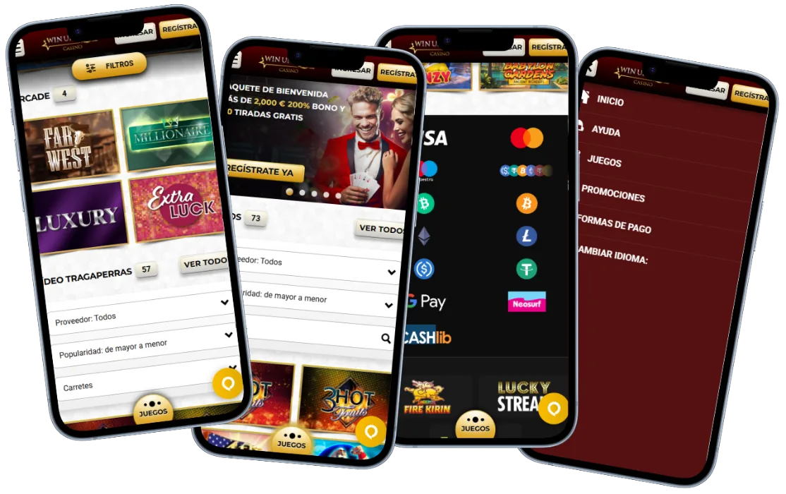 Unique Casino versión móvil con juegos, promociones, métodos de pago y menú de navegación